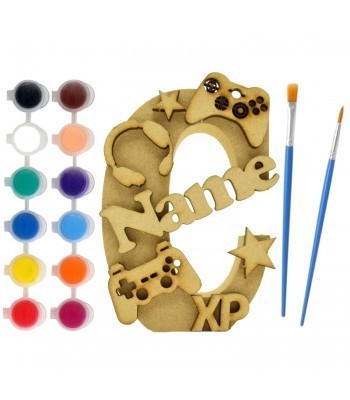Personalised Children's Paint Your Own Kits 18mm Freestanding Letter With Separate 3mm 3D Themed Shapes - Gaming